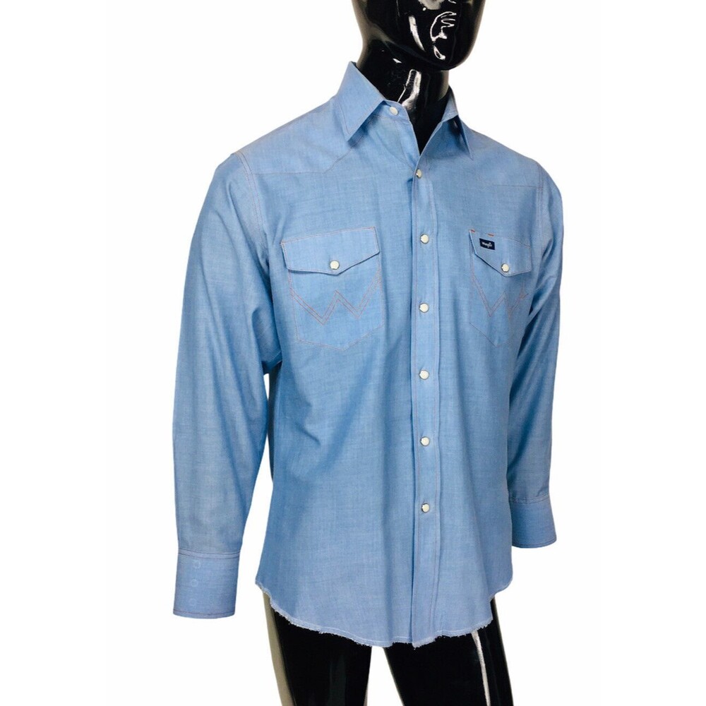 Vintage 70s Wrangler Western Rockabilly Men's Blue Pearl Snap Front Shirt Large
